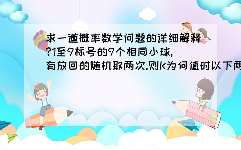 求一道概率数学问题的详细解释?1至9标号的9个相同小球,有放回的随机取两次.则K为何值时以下两个条件相互独立?条件一: 两个小球标号之和为K.条件二: 两个小球不同.