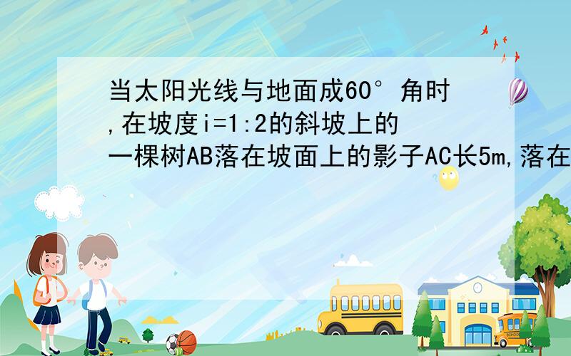 当太阳光线与地面成60°角时,在坡度i=1:2的斜坡上的一棵树AB落在坡面上的影子AC长5m,落在水平面上的影子CD长为2√5m,求这课树的高度