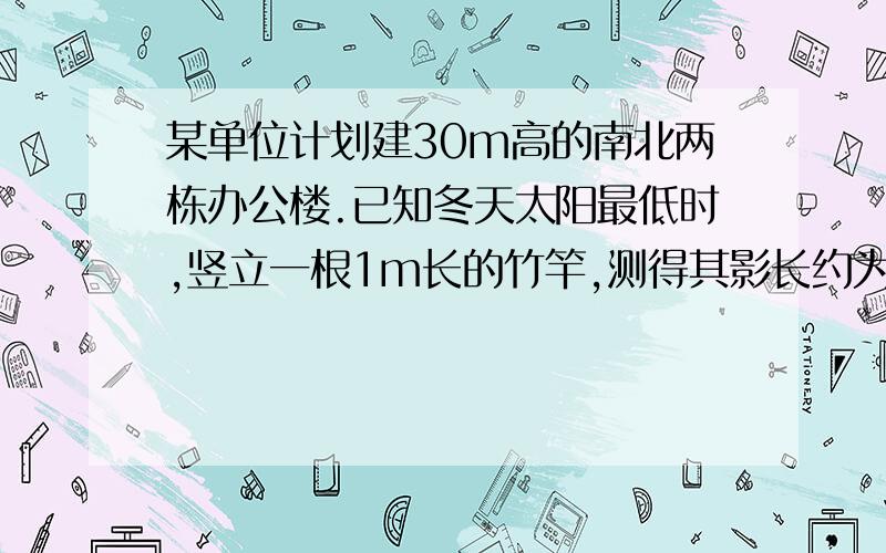 某单位计划建30m高的南北两栋办公楼.已知冬天太阳最低时,竖立一根1m长的竹竿,测得其影长约为1.5m.请问两请问两楼至少相距多少米时,前楼的影子不会影响后楼的采光