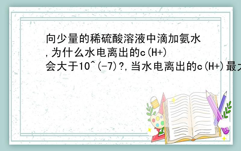 向少量的稀硫酸溶液中滴加氨水,为什么水电离出的c(H+)会大于10^(-7)?,当水电离出的c(H+)最大时,是什么情况?