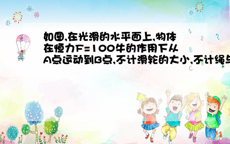 如图,在光滑的水平面上,物体在恒力F=100牛的作用下从A点运动到B点,不计滑轮的大小,不计绳与滑轮的质量及绳、滑轮间的摩擦,H=2.4米,α=37°,β=53°,求拉力F做的功.（sin37°=0.6,sin53°=0.8）