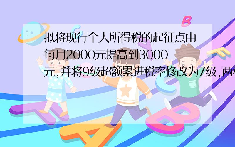 拟将现行个人所得税的起征点由每月2000元提高到3000元,并将9级超额累进税率修改为7级,两种征税方法的1～5级税率情况见下表：税级现行征税方法草案征税方法月应纳税额x税率速算扣除