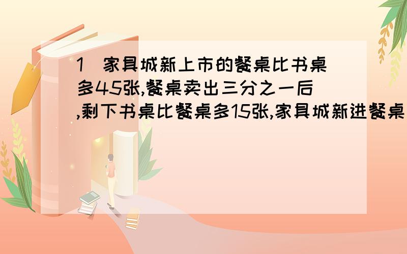 1）家具城新上市的餐桌比书桌多45张,餐桌卖出三分之一后,剩下书桌比餐桌多15张,家具城新进餐桌多少张?2）一堆水泥,先用去总数的七分之二,又用去剩下的五分之二,这时用去的比剩下的多10