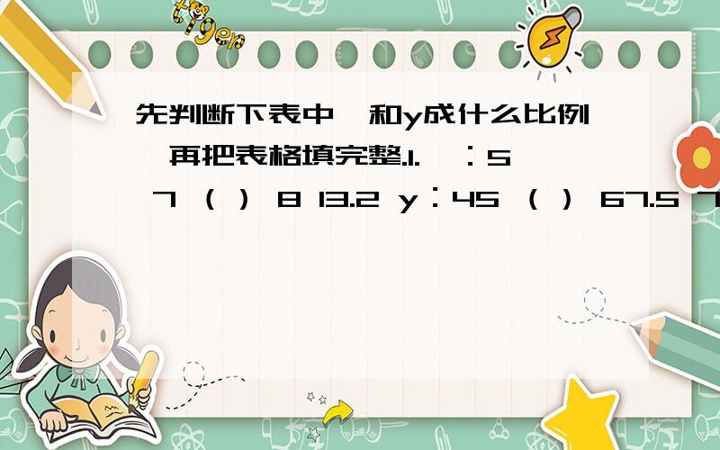 先判断下表中×和y成什么比例,再把表格填完整.1.×：5 7 （） 8 13.2 y：45 （） 67.5 72 （）表中×和y成（）比例.