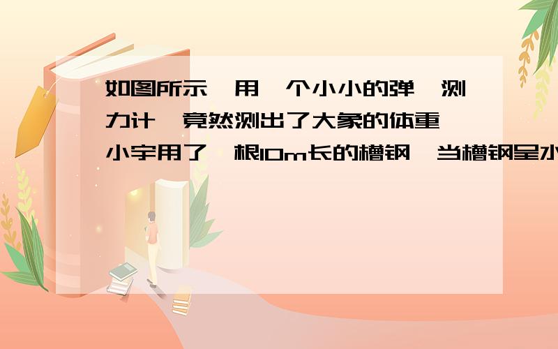 如图所示,用一个小小的弹簧测力计,竟然测出了大象的体重,小宇用了一根10m长的槽钢,当槽钢呈水平平衡时,弹簧测力计和大象到悬挂点的距离分别是9.54m和0.06m,若弹簧测力计指示着200N的重量,