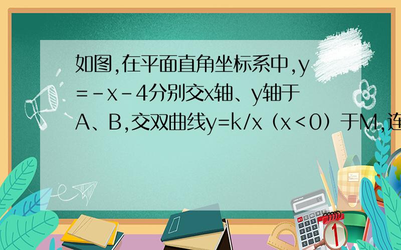 如图,在平面直角坐标系中,y=-x-4分别交x轴、y轴于A、B,交双曲线y=k/x（x＜0）于M,连OM,且S△OBM=16.(1)求k的值；（2）过M作MN⊥y轴于N,在直线AB上是否存在点E,使△OEN的周长最小?若存在,求E点的坐标