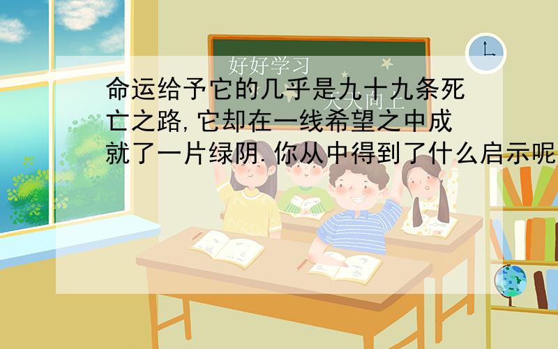 命运给予它的几乎是九十九条死亡之路,它却在一线希望之中成就了一片绿阴.你从中得到了什么启示呢?2.命运给予它的几乎是九十九条死亡之路,它却在一线希望之中成就了一片绿阴.（这句话