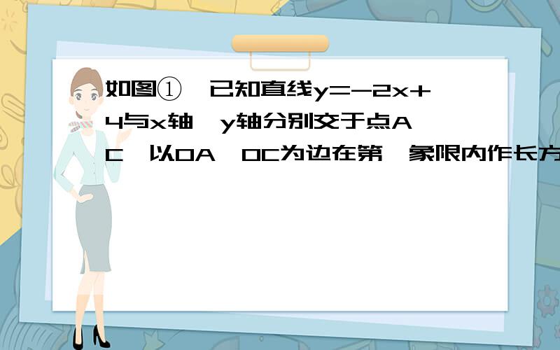 如图①,已知直线y=-2x+4与x轴、y轴分别交于点A、C,以OA、OC为边在第一象限内作长方形OABC.（1）求点A、C的坐标；（2）将△ABC对折,使得点A的与点C重合,折痕交AB于点D,求直线CD的解析式（图②）