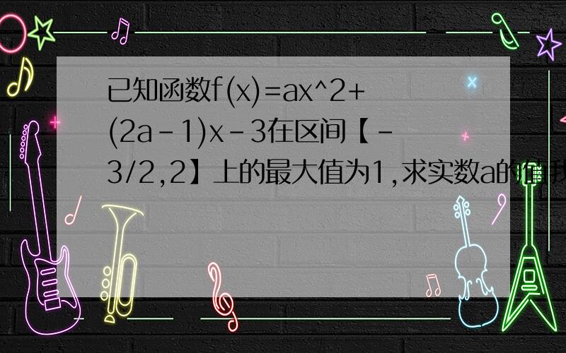 已知函数f(x)=ax^2+(2a-1)x-3在区间【-3/2,2】上的最大值为1,求实数a的值我用对称轴讨论的 好奇怪啊 把对称轴分小于-3/2 -3/2到2 2以上讨论的不是吗?