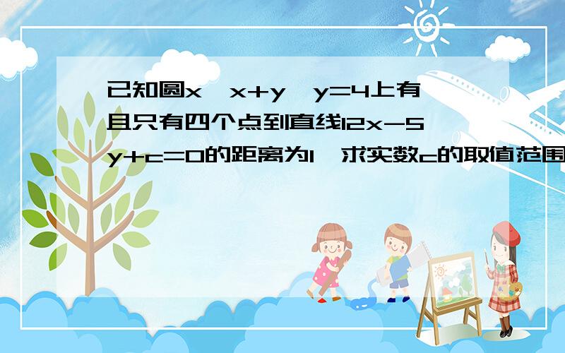 已知圆x*x+y*y=4上有且只有四个点到直线12x-5y+c=0的距离为1,求实数c的取值范围