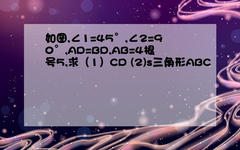 如图,∠1=45°,∠2=90°,AD=BD,AB=4根号5,求（1）CD (2)s三角形ABC