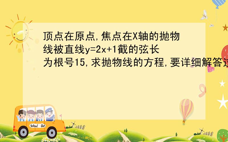 顶点在原点,焦点在X轴的抛物线被直线y=2x+1截的弦长为根号15,求抛物线的方程,要详细解答过程