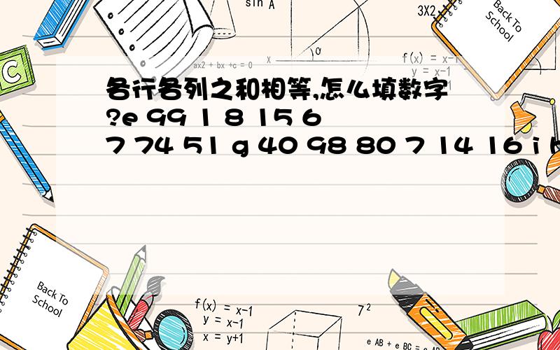 各行各列之和相等,怎么填数字?e 99 1 8 15 67 74 51 g 40 98 80 7 14 16 i h 57 64 41 4 81 f 20 22 54 56 63 j 47 85 l 19 21 3 60 62 k 71 28 m a 25 2 9 61 68 u 52 34 17 24 76 n 90 42 49 26 33 t 23 5 82 b o 48 30 32 39 66 79 6 13 95 p 29 31 38