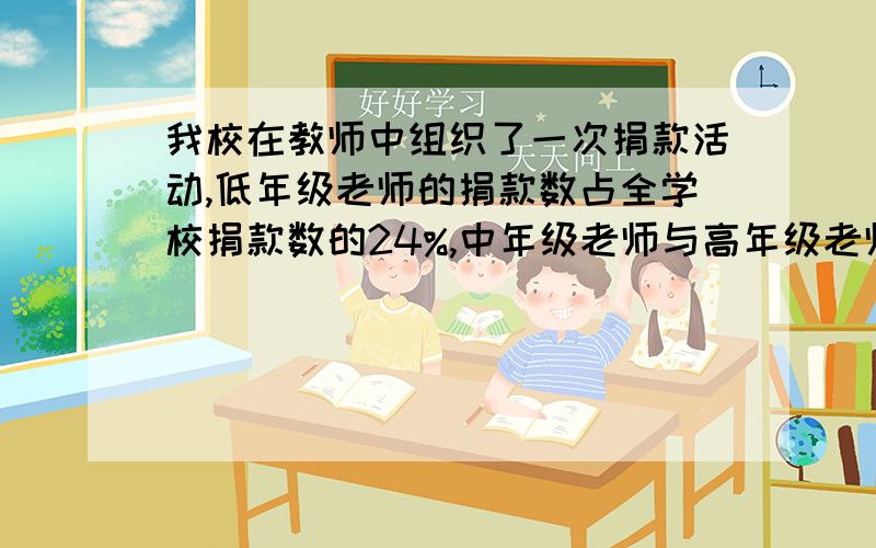 我校在教师中组织了一次捐款活动,低年级老师的捐款数占全学校捐款数的24%,中年级老师与高年级老师捐款数的比是10:9,如果高年级老师再捐200元钱就和中年级老师捐的一样多.全校老师共捐