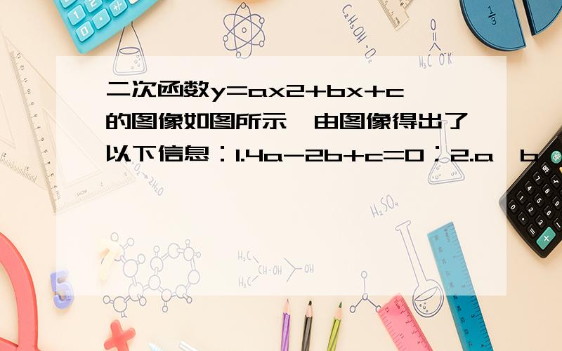 二次函数y=ax2+bx+c的图像如图所示,由图像得出了以下信息：1.4a-2b+c=0；2.a＜b＜0；3.2a+c＞0；4.2a-b+1＞0,其中正确的个数为（