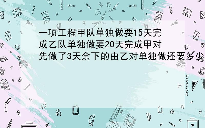 一项工程甲队单独做要15天完成乙队单独做要20天完成甲对先做了3天余下的由乙对单独做还要多少天完成