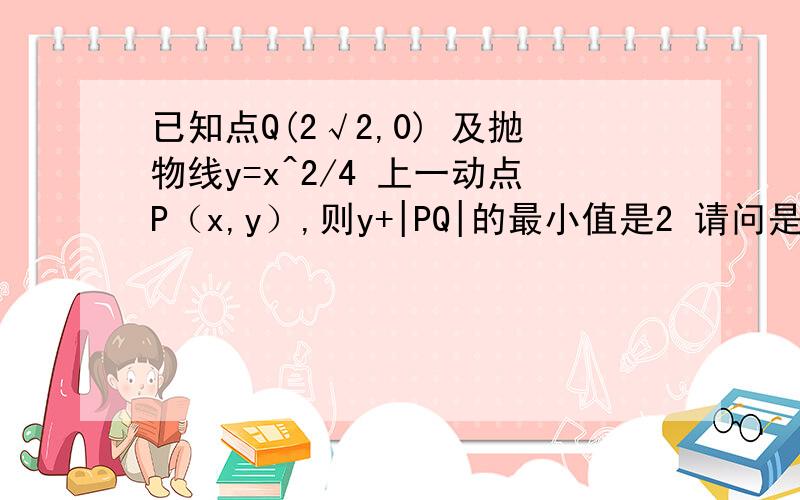 已知点Q(2√2,0) 及抛物线y=x^2/4 上一动点P（x,y）,则y+|PQ|的最小值是2 请问是怎么求出的?