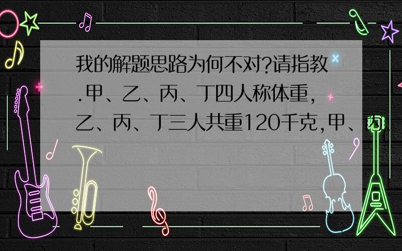 我的解题思路为何不对?请指教.甲、乙、丙、丁四人称体重,乙、丙、丁三人共重120千克,甲、丙、丁三人共重126千克,丙、丁二人的平均体重是40千克,求四人的平均体重是多少千克?我的方法是