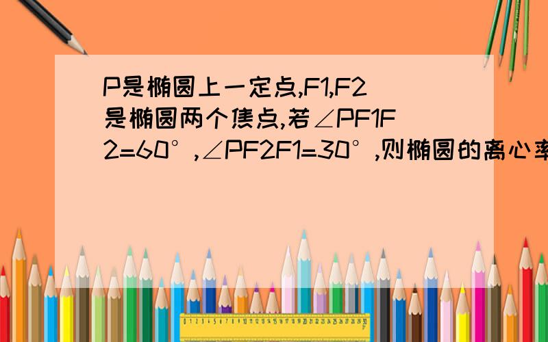 P是椭圆上一定点,F1,F2是椭圆两个焦点,若∠PF1F2=60°,∠PF2F1=30°,则椭圆的离心率是