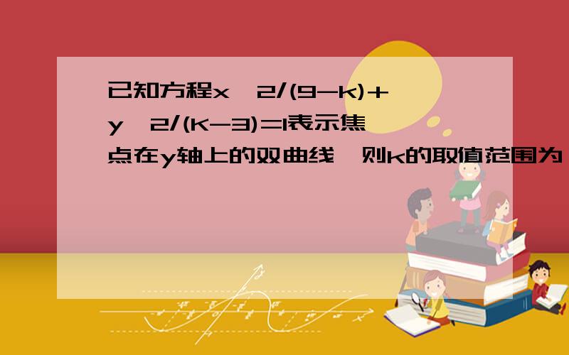 已知方程x^2/(9-k)+y^2/(K-3)=1表示焦点在y轴上的双曲线,则k的取值范围为