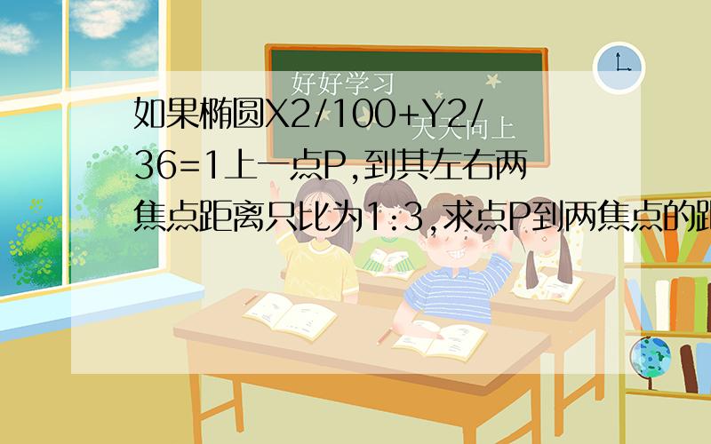 如果椭圆X2/100+Y2/36=1上一点P,到其左右两焦点距离只比为1:3,求点P到两焦点的距离及点P的坐标.