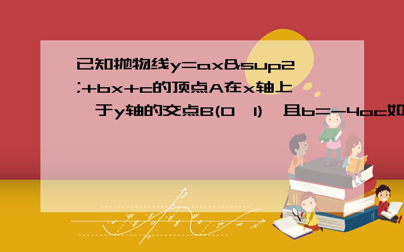 已知抛物线y=ax²+bx+c的顶点A在x轴上,于y轴的交点B(0,1),且b=-4ac如题 求1：抛物线解析式和A点坐标.2：再跑无线上是否存在一点C,使得以BC为直径的员经过抛物线的顶点A?若不存在,说明理由,若