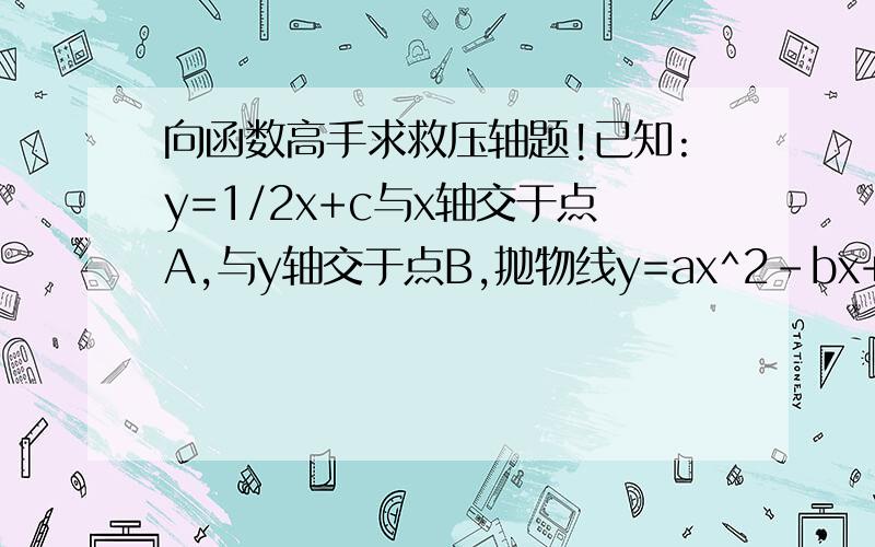 向函数高手求救压轴题!已知:y=1/2x+c与x轴交于点A,与y轴交于点B,抛物线y=ax^2-bx+4c与直线AB交于AD已知:y=1/2x+c与x轴交于点A,与y轴交于点B,抛物线y=ax^2-bx+4c与直线AB交于AD两点,与y轴交于点C.（1）若c=