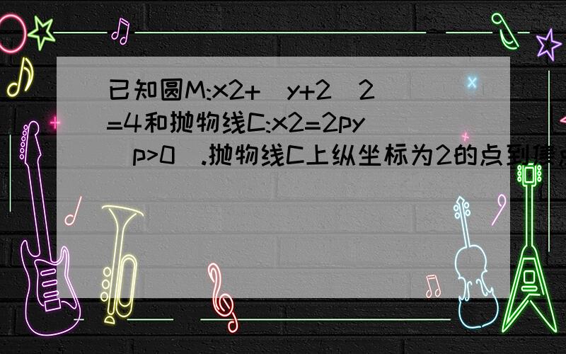 已知圆M:x2+(y+2)2=4和抛物线C:x2=2py(p>0).抛物线C上纵坐标为2的点到焦点的距离为6.过圆M上一点P（x0,y0)作抛物线C的两切线,切于A,B两点.（1)求抛物线C的方程；(2)是否存在点P,使AM⊥BM（M为圆心）?