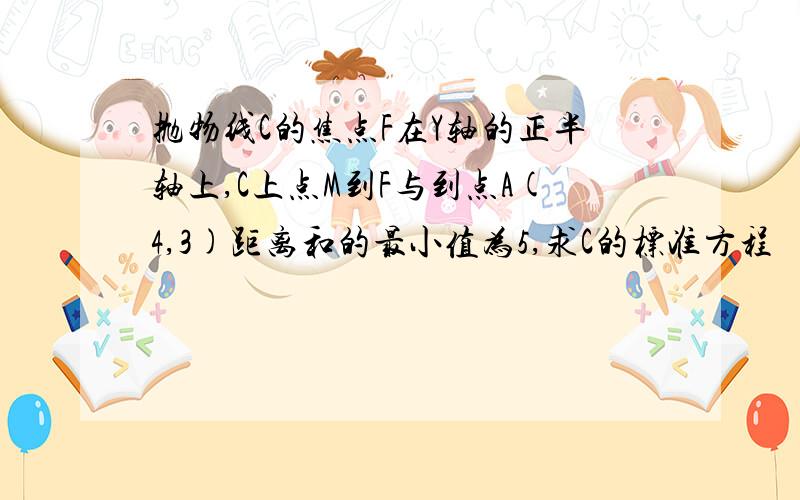 抛物线C的焦点F在Y轴的正半轴上,C上点M到F与到点A(4,3)距离和的最小值为5,求C的标准方程