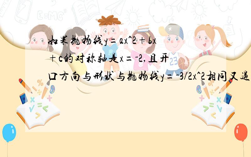 如果抛物线y=ax^2+bx+c的对称轴是x=-2,且开口方向与形状与抛物线y=-3/2x^2相同又过原点,那么a=__b=__c=