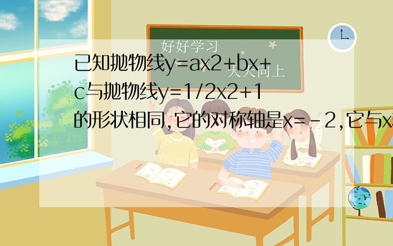 已知抛物线y=ax2+bx+c与抛物线y=1/2x2+1的形状相同,它的对称轴是x=-2,它与x轴的两个交点之间的距离为2.求a,b,c的值