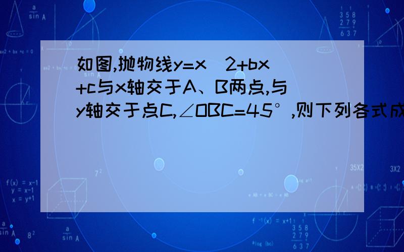 如图,抛物线y=x^2+bx+c与x轴交于A、B两点,与y轴交于点C,∠OBC=45°,则下列各式成立的是   A   b-c-1=0    B  b+c-1=0    C  b-c+1=0   D b+c+1=0       答案选D,不知道为什么