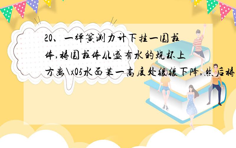 20、一弹簧测力计下挂一圆柱体,将圆柱体从盛有水的烧杯上方离\x05水面某一高度处缓缓下降,然后将其逐渐浸入水中,图6已给\x05出整个过程中弹簧测力计的示数F与圆柱体下降高度h变化关\x05