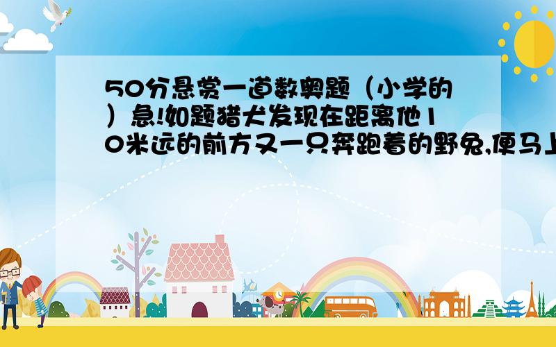 50分悬赏一道数奥题（小学的）急!如题猎犬发现在距离他10米远的前方又一只奔跑着的野兔,便马上追了上去,猎犬的步子大,他跑5步的路程兔子要跑9不,但是兔子的动作快,猎犬跑2步的时间,兔