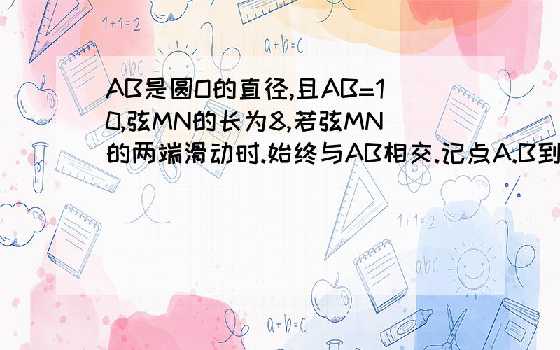 AB是圆O的直径,且AB=10,弦MN的长为8,若弦MN的两端滑动时.始终与AB相交.记点A.B到M、N的距离分别为h1、h2，则 h1-h2 的绝对值是多少？