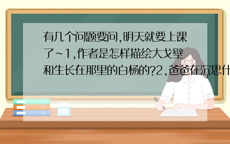 有几个问题要问,明天就要上课了~1,作者是怎样描绘大戈壁和生长在那里的白杨的?2,爸爸在沉思什么?为什么嘴角又浮起一丝微笑?