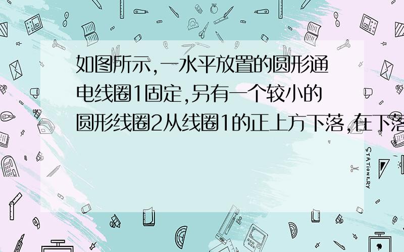 如图所示,一水平放置的圆形通电线圈1固定,另有一个较小的圆形线圈2从线圈1的正上方下落,在下落过程中两线圈平面始终保持平行且共轴,则线圈2从1的正上方下落到1的正下方的过程中,穿过