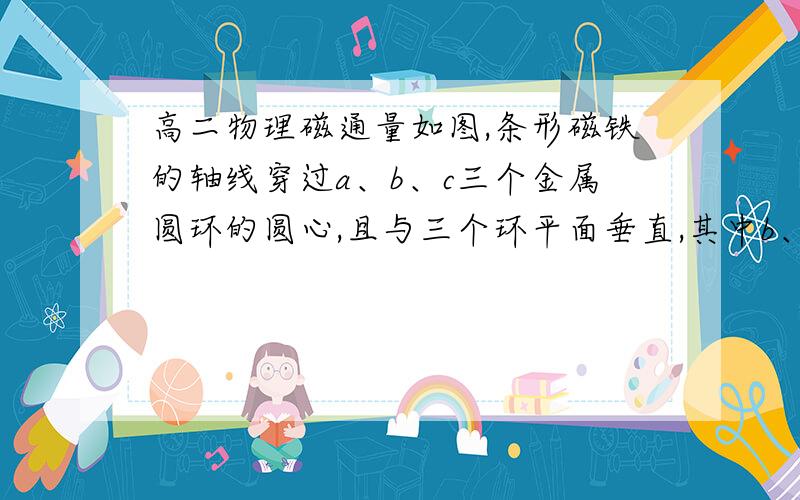 高二物理磁通量如图,条形磁铁的轴线穿过a、b、c三个金属圆环的圆心,且与三个环平面垂直,其中b、c两环同平面放置在条形磁铁的中垂面．三个圆环的面积为sa=sb＜sc．则通过a、b两环的磁通