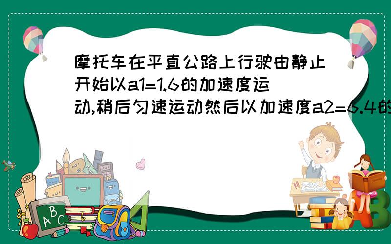 摩托车在平直公路上行驶由静止开始以a1=1.6的加速度运动,稍后匀速运动然后以加速度a2=6.4的加速度作匀减速运动直到停止,共历时130s行程1600m求-摩托车行驶时的最大速度Vm-若摩托车从静止启