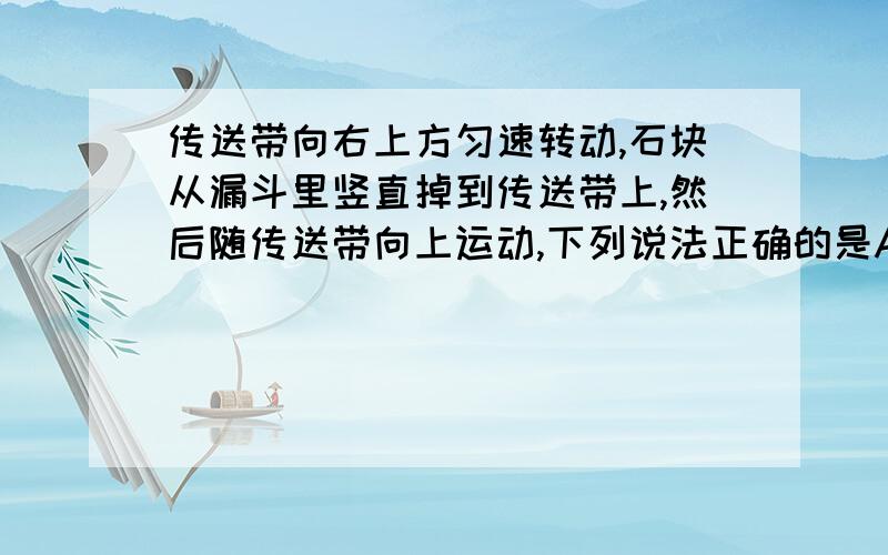 传送带向右上方匀速转动,石块从漏斗里竖直掉到传送带上,然后随传送带向上运动,下列说法正确的是ABA石块落到传送带上可能先做加速后匀速 B石块在传送带上一直受到向右上方的摩擦力