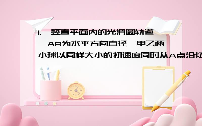 1.一竖直平面内的光滑圆轨道,AB为水平方向直径,甲乙两小球以同样大小的初速度同时从A点沿切线方向抛出,沿环内侧运动到B点时的速度大小仍相等,则甲乙谁先到达B2.从离地H高处自由下落a,同