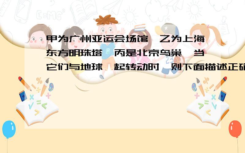 甲为广州亚运会场馆、乙为上海东方明珠塔、丙是北京鸟巢,当它们与地球一起转动时,则下面描述正确的是( ) A．ω甲最大,v乙最小 B．ω丙最小,v甲最大 C．三地的ω、T和v都相等 D．三地的ω、T