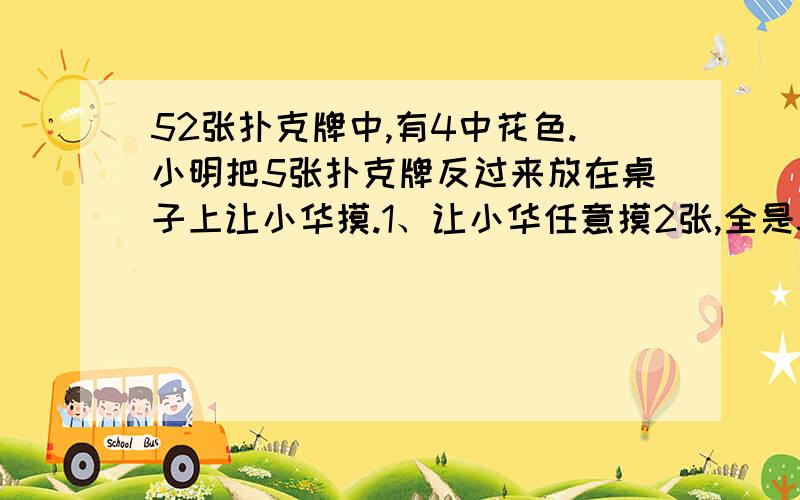 52张扑克牌中,有4中花色.小明把5张扑克牌反过来放在桌子上让小华摸.1、让小华任意摸2张,全是5,小明应放哪4张牌?2、让小华任意摸2张,一定是同花色,小明应放哪5张牌?3、让小华任意摸2张,很