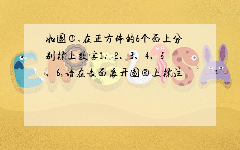 如图①,在正方体的6个面上分别标上数字1、2、3、4、5、6,请在表面展开图②上标注