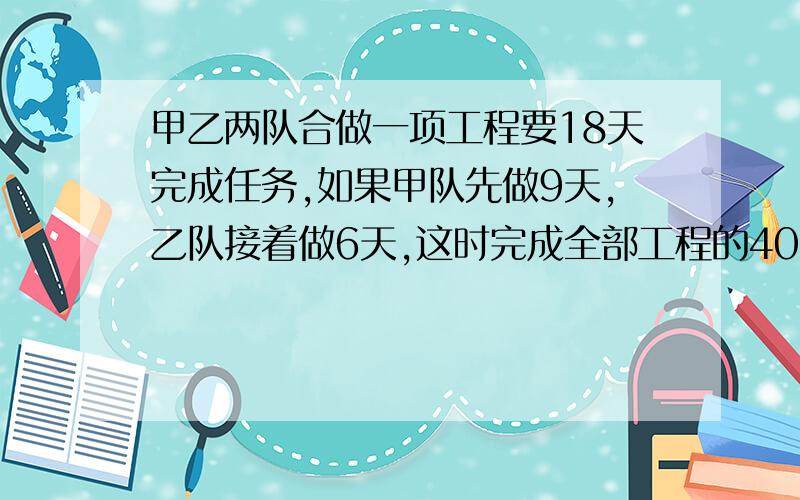 甲乙两队合做一项工程要18天完成任务,如果甲队先做9天,乙队接着做6天,这时完成全部工程的40%.这项工程由甲队单独做需要多少天完成?