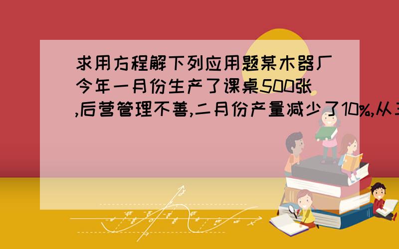 求用方程解下列应用题某木器厂今年一月份生产了课桌500张,后营管理不善,二月份产量减少了10%,从三月起加强了管理,产量逐月上升,四月产量达到648张,如果三、四月份的增长率相同,求这个增