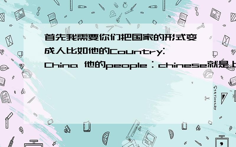 首先我需要你们把国家的形式变成人比如他的Country:China 他的people：chinese就是上边的那种：Country:singapore 他的people：Country:U.S.A 他的people：Country:Japan 他的people:Country:Australia 他的people：Country: