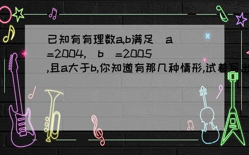 已知有有理数a,b满足|a|=2004,|b|=2005,且a大于b,你知道有那几种情形,试着写出a,b的值