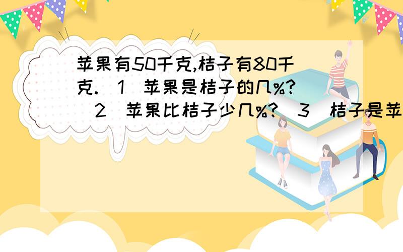 苹果有50千克,桔子有80千克.（1）苹果是桔子的几%?（2）苹果比桔子少几%?（3）桔子是苹果的几%?（4）桔子比苹果多几%?