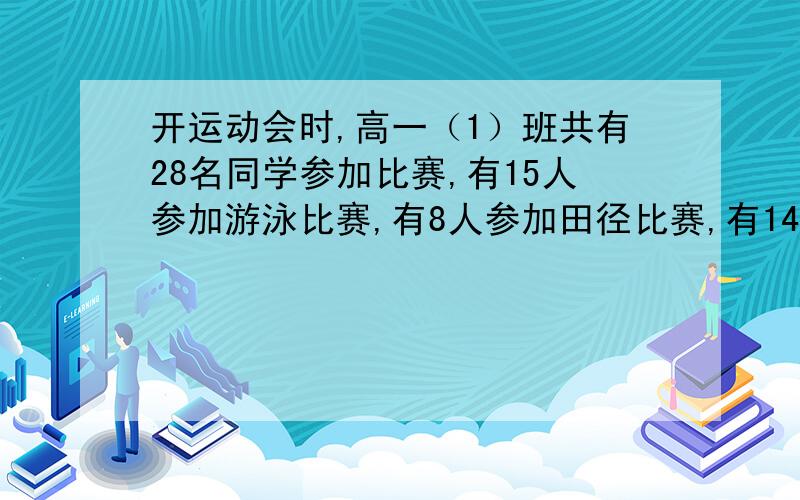 开运动会时,高一（1）班共有28名同学参加比赛,有15人参加游泳比赛,有8人参加田径比赛,有14人参加球类比赛,同时参加游泳和田径比赛的有3人,同时参加游泳和球类比赛的有3人,没有人同时参